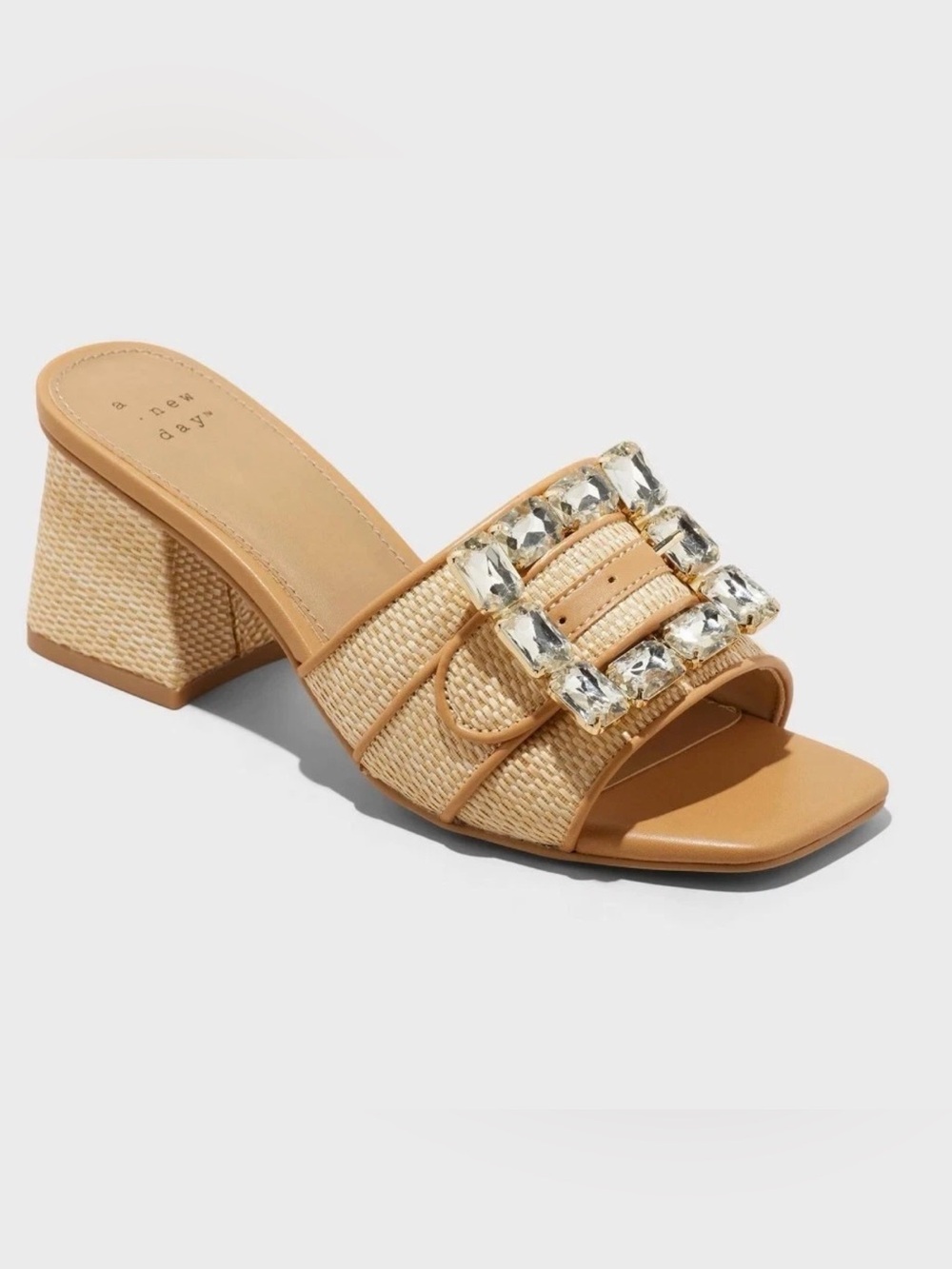 Tan Rhinestone Buckle Block Heel - Picture 2 of 5
